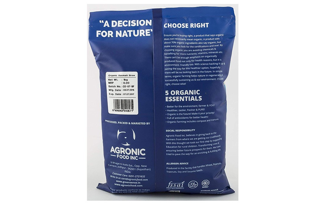 Green Sense Organic Basmati Brown Rice   Pack  1 kilogram